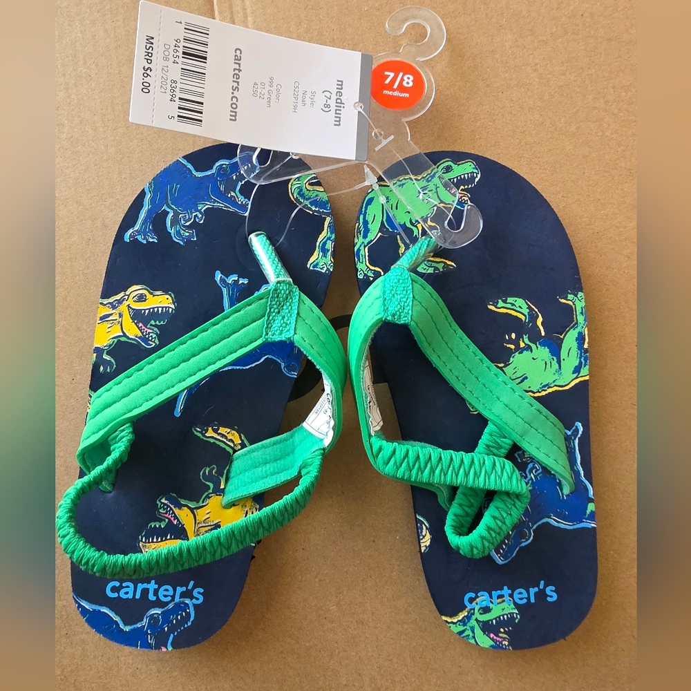 Carter's Kids Flip Flops with Dinosaur Print - Green Straps and Blue Base